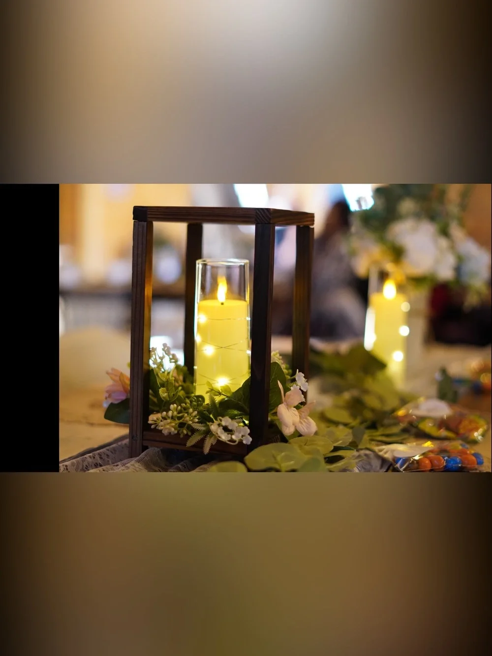 Wood Lantern Candle Holder with Yellow LED Pillar and Floral Accent